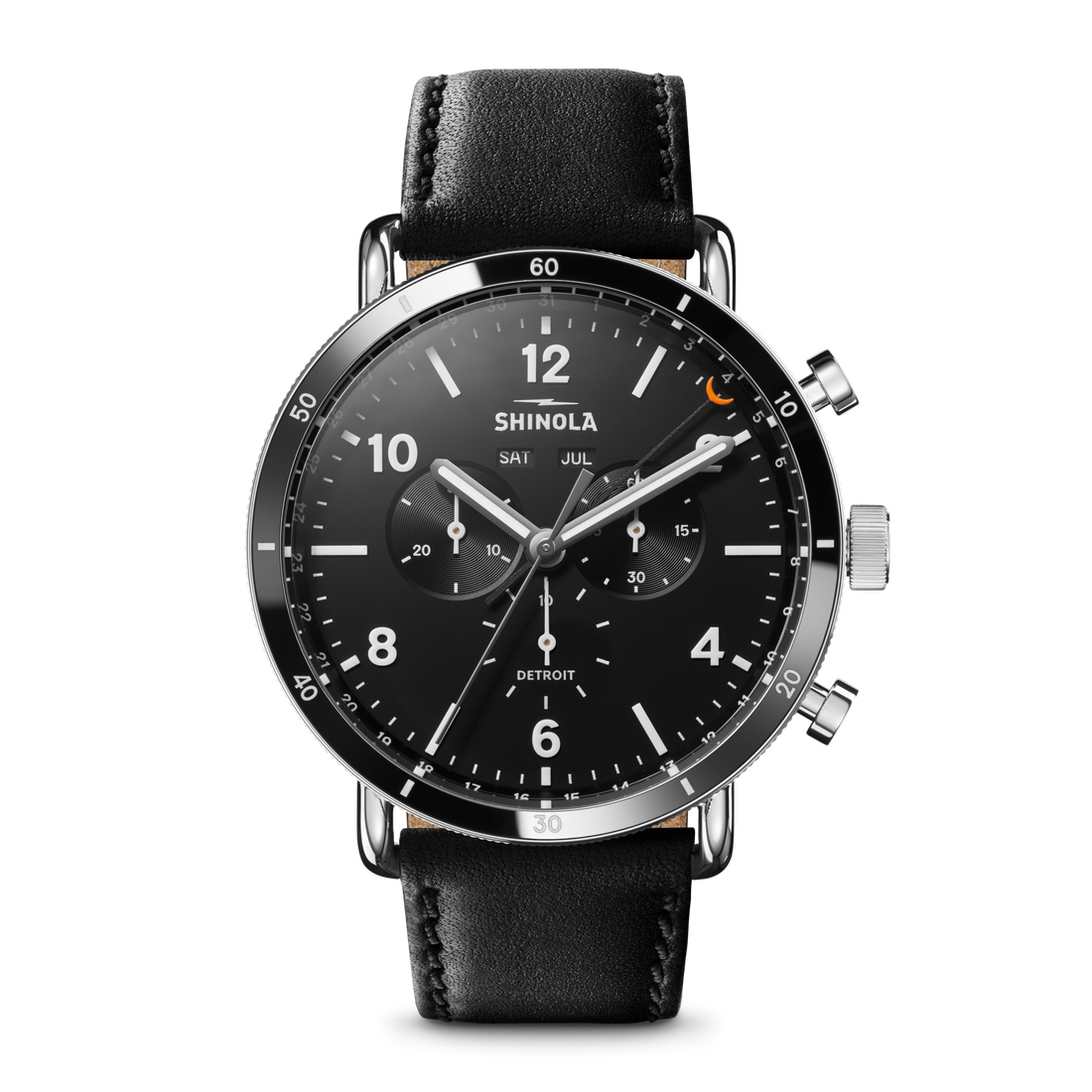 The Shinola Canfield Sport Chronograph Watch - Matte Black features a round face, white numerals, chronograph dials, a black leather strap, and silver accents, shown against a plain white background.