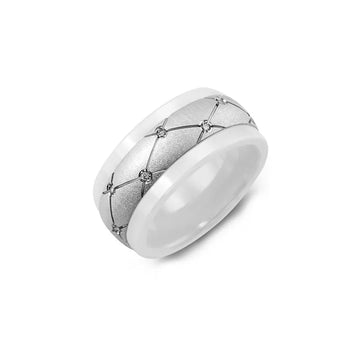 White Ceramic Pattern Diamond Wedding Ring