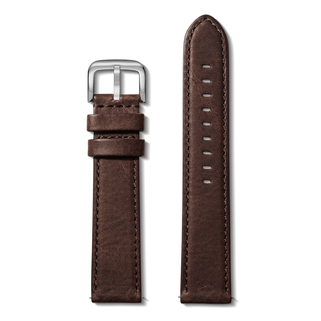 The Shinola 22mm Cattail Leather Watch Strap (XL) in brown features premium hand-sewn leather, a silver buckle with loops on one side, and multiple adjustment holes for a tailored fit.
