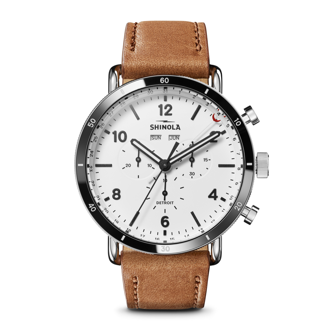 The Shinola Canfield Sport Chronograph Watch - White features a white dial, black bezel, brown leather strap, stainless steel case, three subdials, day/date display, and black hour markers and hands.