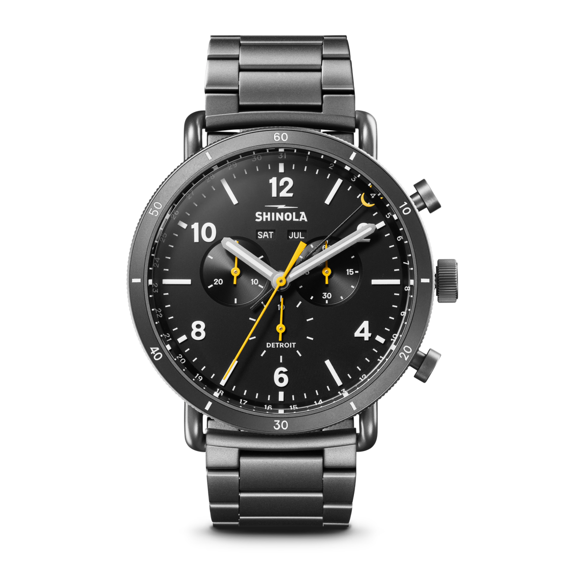 The Shinola Canfield Sport Chronograph Watch - Black features a stainless steel body, metal band, yellow second hand, 45mm case, two subdials, three pushers, white hour markers, and displays day, date, and month.