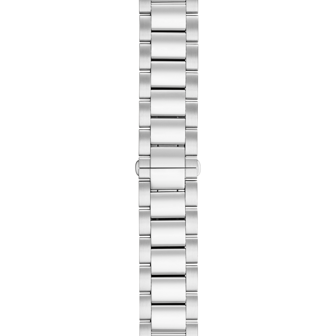 A close-up of the Shinola 18mm Stainless Steel 3-Link Bracelet, featuring rectangular links, shown vertically against a white background.