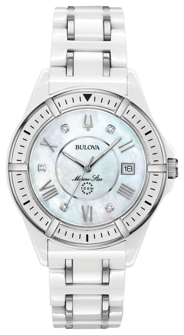 Bulova Marine Star Watch MOP Dial Stainless Steel White Ceramic 37mm Quartz