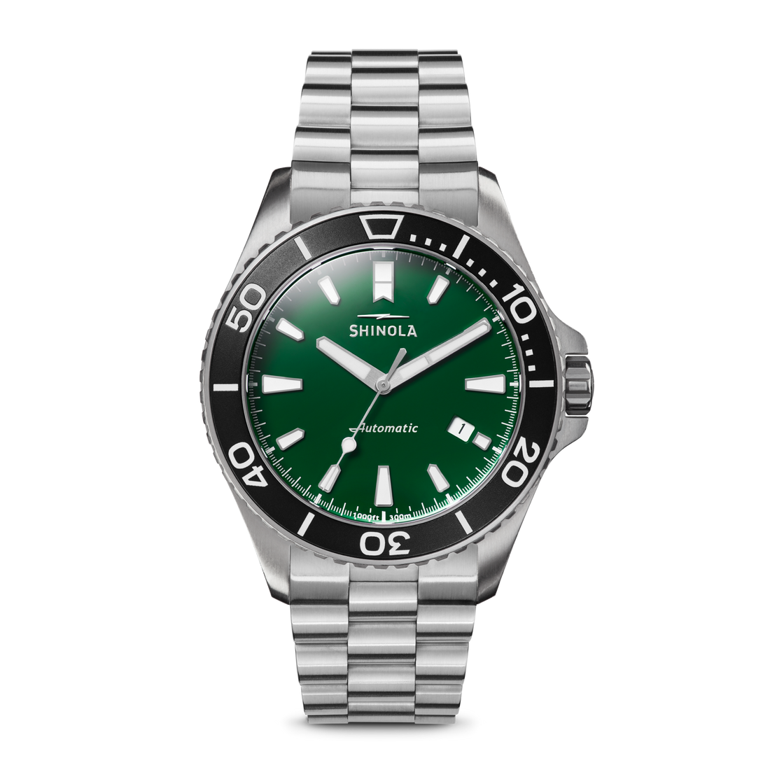 The Shinola Lake Ontario Monster Automatic Watch features a stainless steel case, green dial, bold white hour markers, black bezel, metal link band, and displays "Shinola" and "Automatic" on its face.