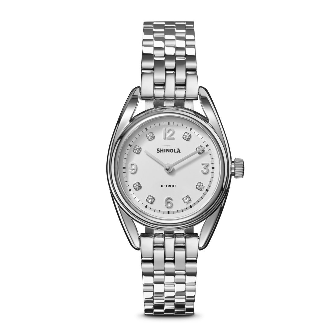 The Diamond Derby Watch - Light Silver by Shinola features a 30mm round white face with silver hands, diamond markers, and a stainless steel bracelet. The dial displays the Shinola brand name and Detroit.
