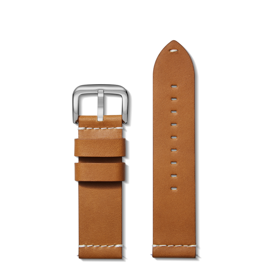 The Shinola 24mm Tan Leather Watch Strap features premium tan leather with white hand-sewn stitching, a silver buckle, and multiple adjustment holes, shown in two pieces on a white background.