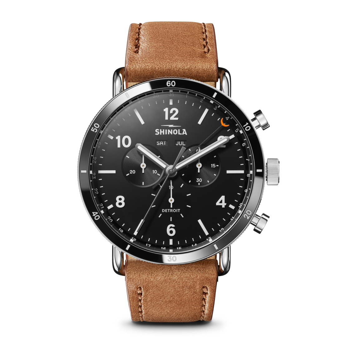 The Shinola Canfield Sport Chronograph Watch - Black features a black dial with white numerals and hands, two subdials, date and month indicators, a brown leather strap, and a silver case.