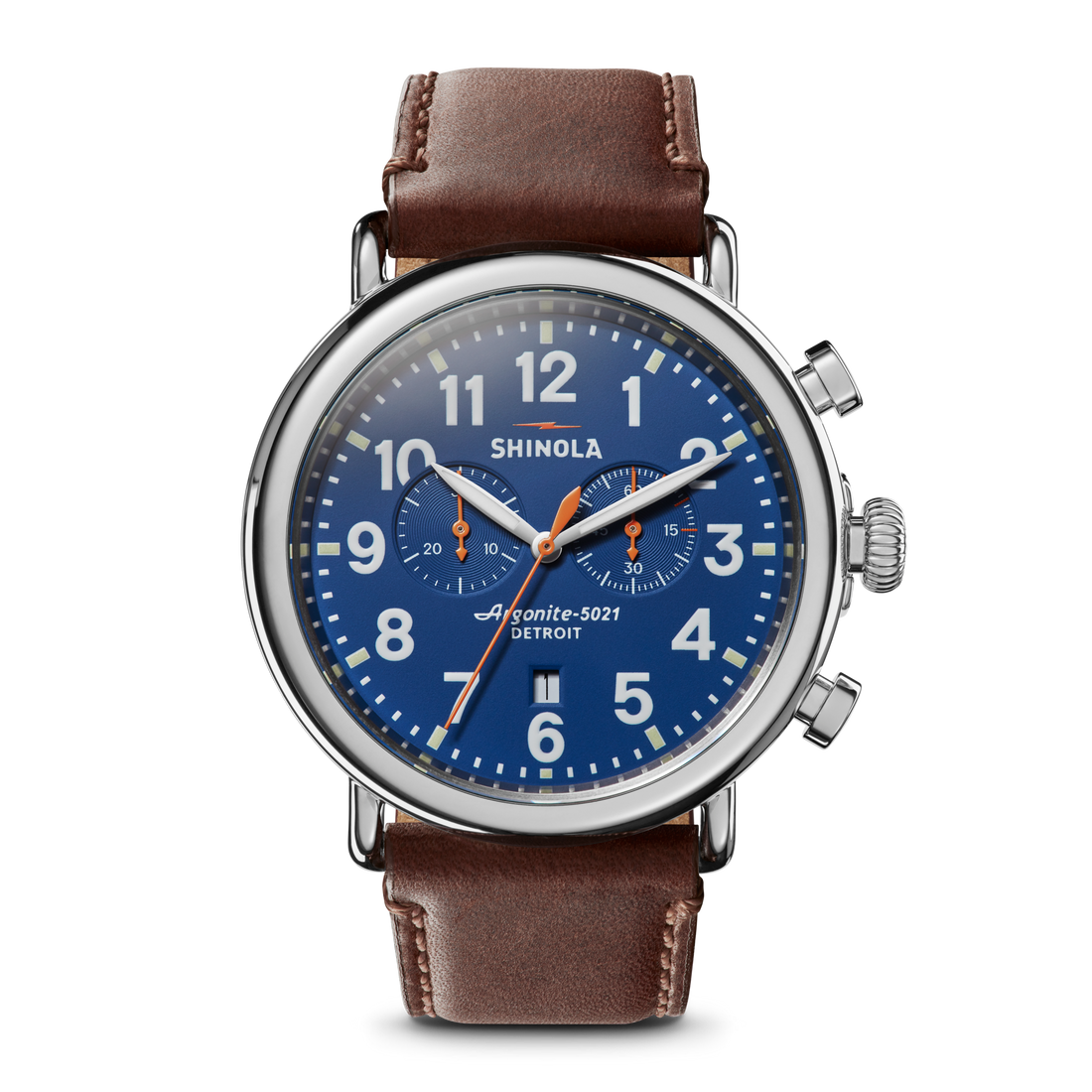 The Shinola Runwell Chronograph Watch - Blue features a blue dial with white numerals, two subdials, orange and white hands, a silver case, and a brown leather strap. "Shinola" and "Detroit" appear on the face.