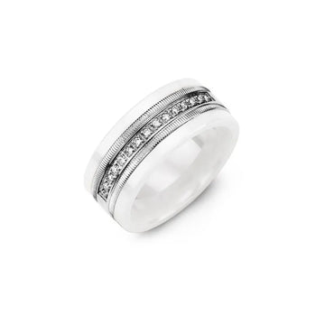 Milgrain White Ceramic Diamond Wedding Ring