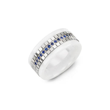 Polished Pattern White Ceramic Blue Sapphire Wedding Band