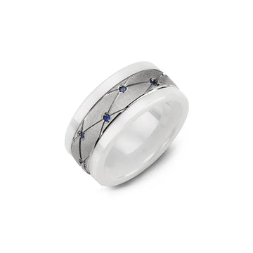 White Ceramic Pattern Blue Sapphire Wedding Ring