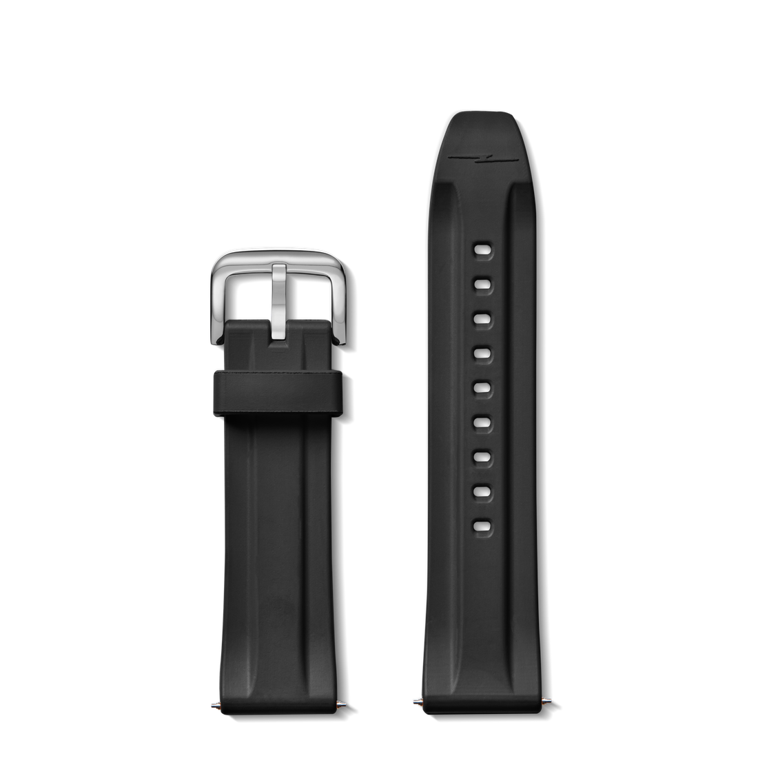 Two Shinola 24mm Black Rubber Watch Straps, built for durability and comfort—one with a silver buckle, the other featuring multiple holes for easy sizing—are displayed side by side on a white background.