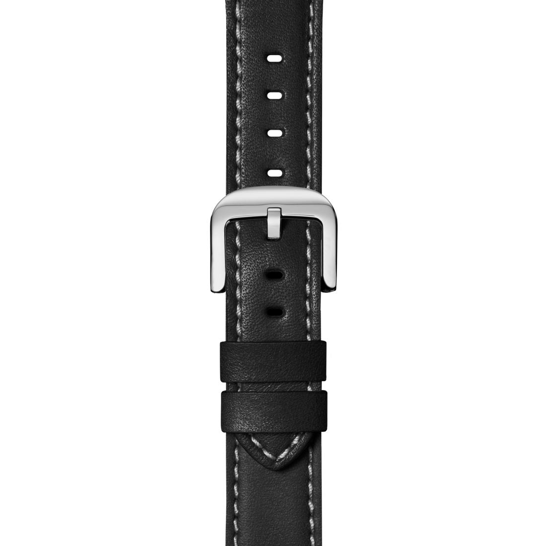 Close-up of the Shinola 24mm Black Leather Watch Strap, featuring premium black leather with white stitching, quick release spring bars, a silver buckle, and two loops for secure fastening.