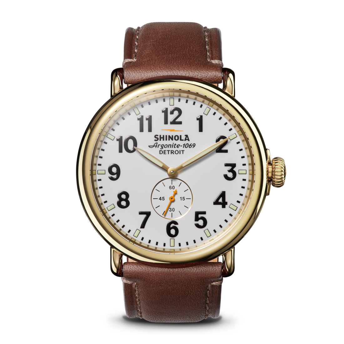 The Shinola Runwell Watch - White features a gold case, white face, black numerals, brown leather strap, small seconds subdial above 6 o’clock, and right-side crown. The time is set to 10:08.