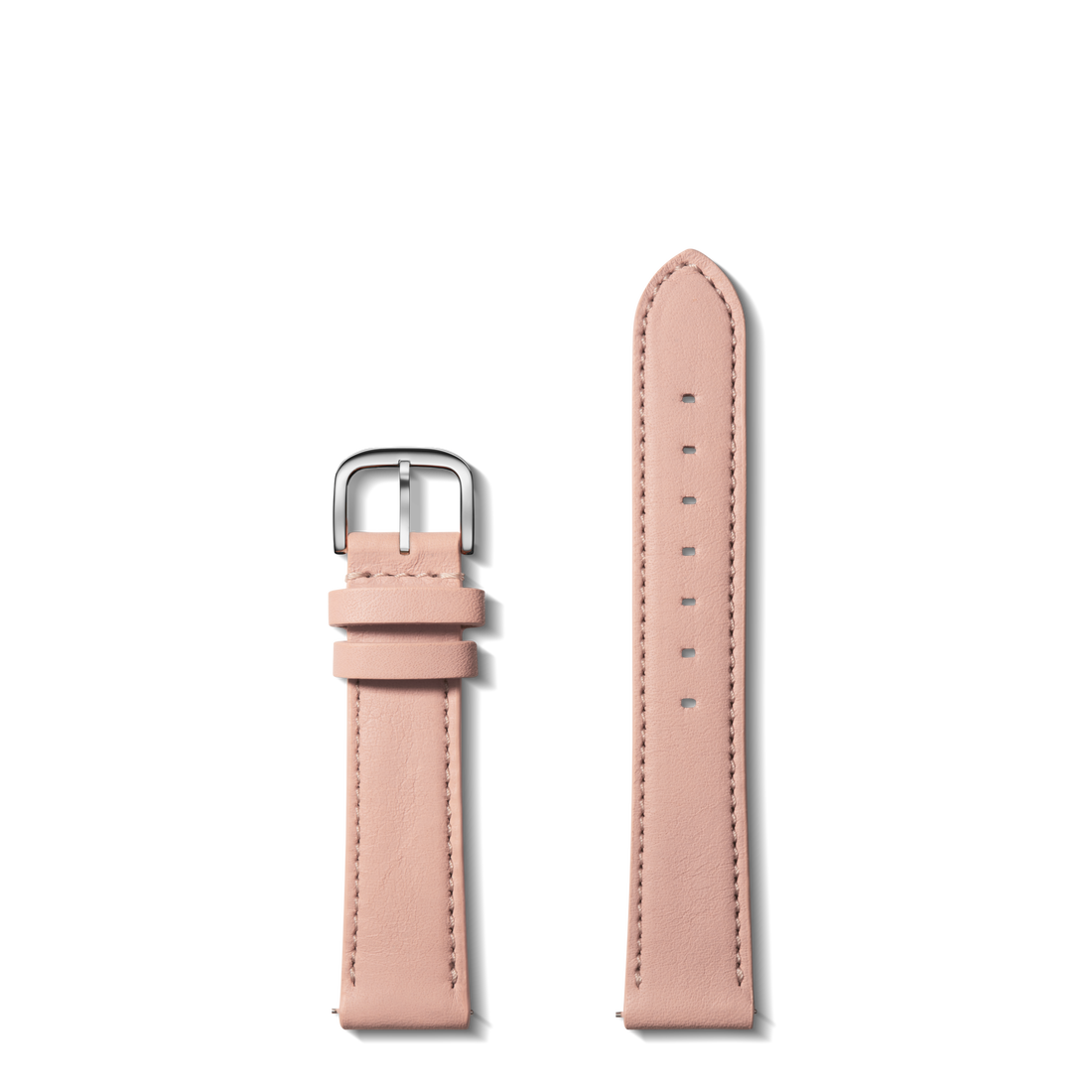 The Shinola 18mm Blush Leather Watch Strap features quick release spring bars, a silver buckle, and adjustable holes. Shown in two pieces on a white background, the shorter strap includes two loops and the metal buckle.