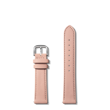 The Shinola 18mm Blush Leather Watch Strap features quick release spring bars, a silver buckle, and adjustable holes. Shown in two pieces on a white background, the shorter strap includes two loops and the metal buckle.
