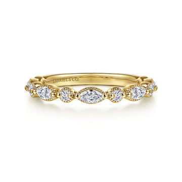 14K Yellow Gold Double Prongs Marquise and Round Diamond Anniversary Band