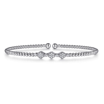 14K White Gold Beaded Diamond Cuff Bangle Bracelet-Bujukan