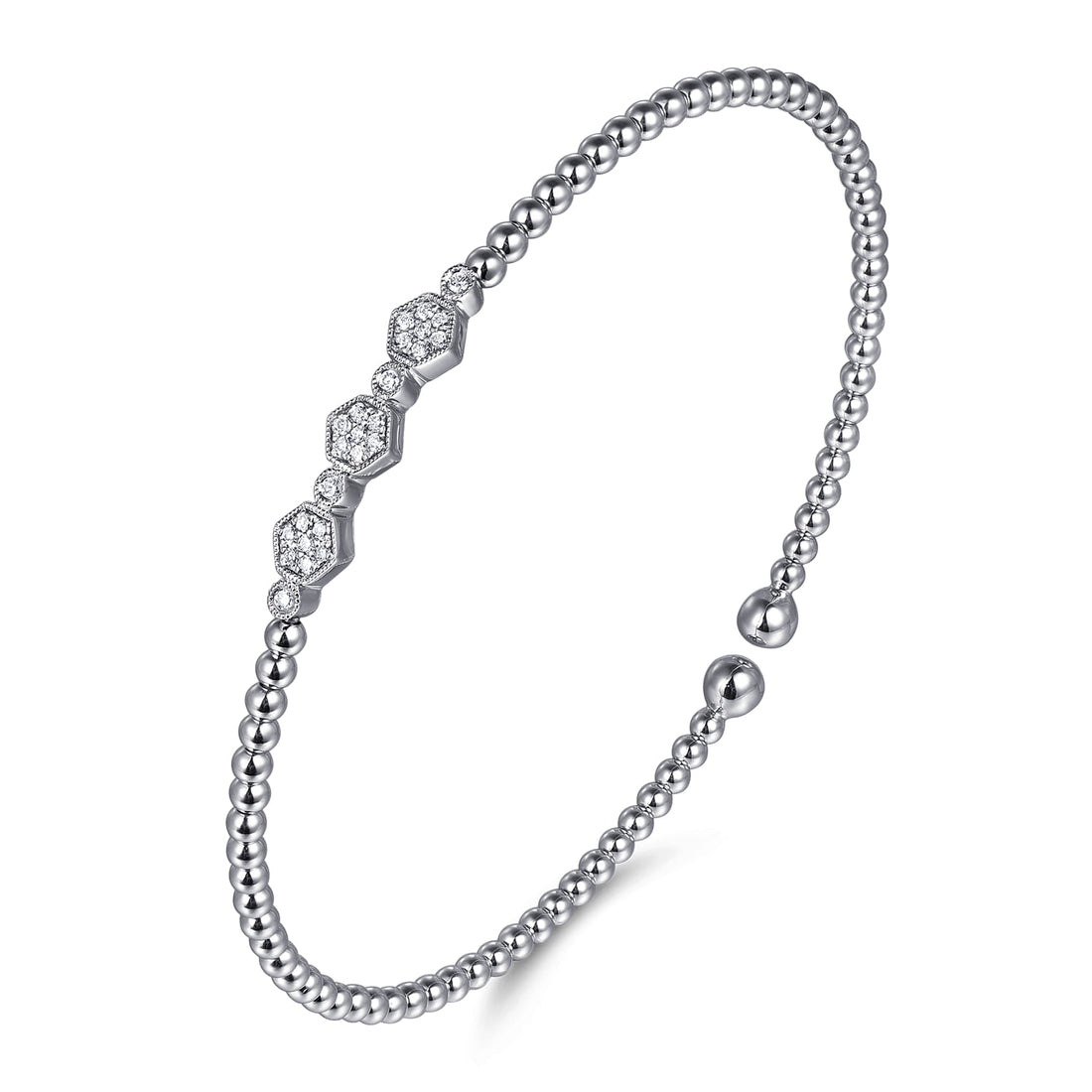 14K White Gold Beaded Diamond Cuff Bangle Bracelet-Bujukan