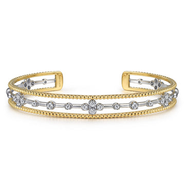 14K White & Yellow Gold Beaded Diamond Cuff Bangle Bracelet, 0.4ct-Bujukan