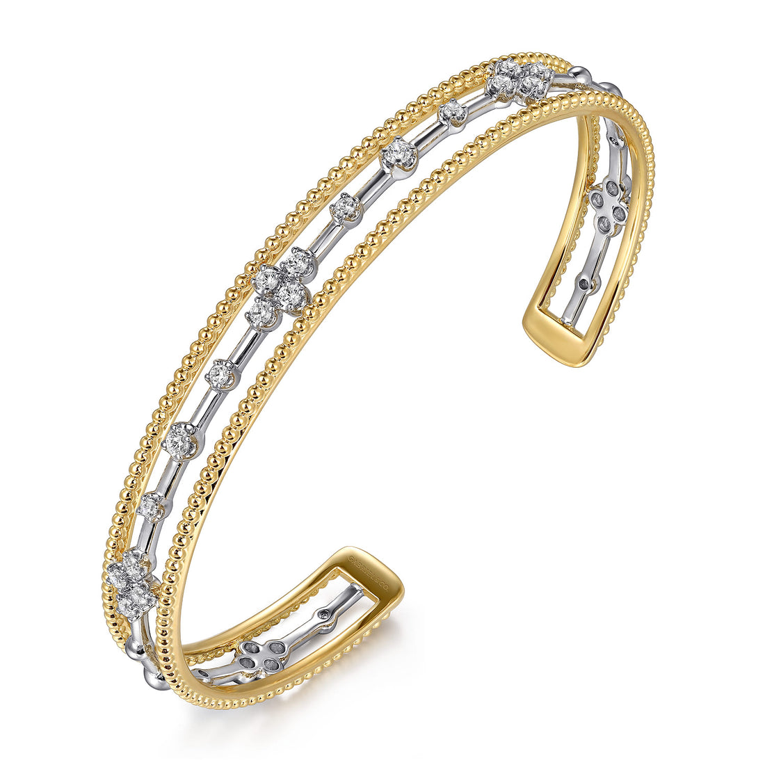 14K White & Yellow Gold Beaded Diamond Cuff Bangle Bracelet, 0.4ct-Bujukan