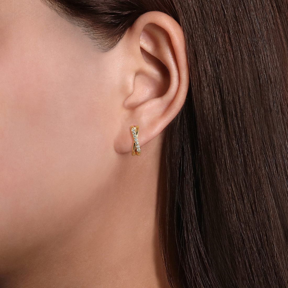 14K Yellow Gold Diamond Huggies Earrings,15mm