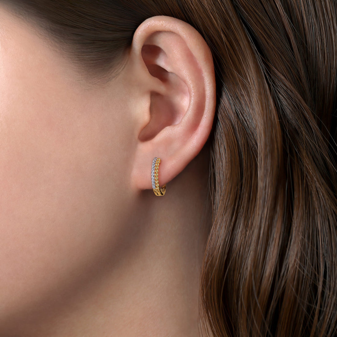 14K Yellow Gold Diamond Huggie Earrings, 10mm -Bujukan