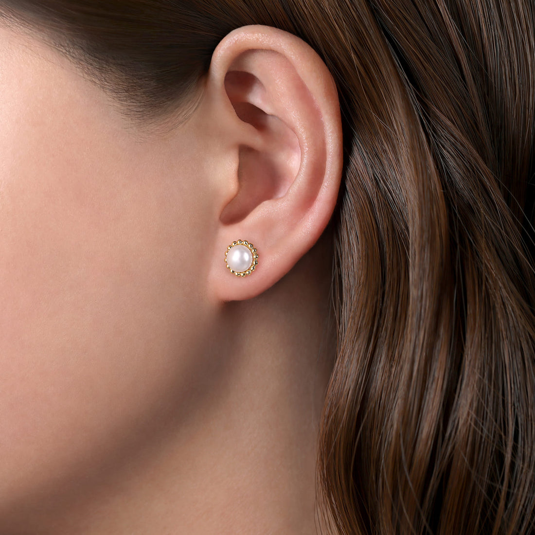14K Yellow Gold Pearl Stud Earrings-Bujukan