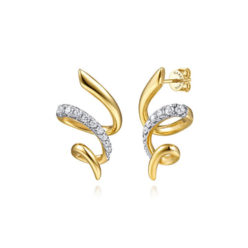 14K Yellow Gold Diamond Swirl Stud Drop Earrings
