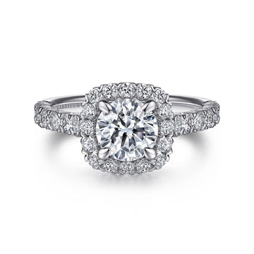 14K White Gold Cushion Halo Round Diamond Engagement Ring