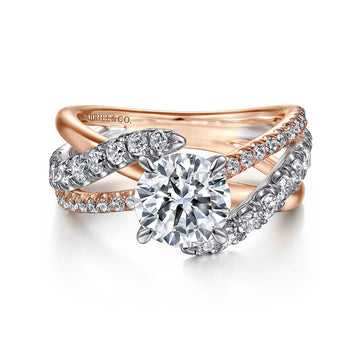 14K White-Rose Gold Round Free Form Diamond Engagement Ring