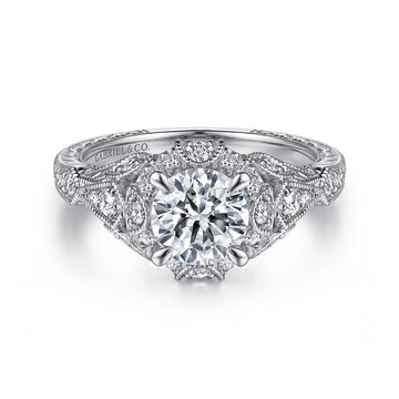 Unique 14K White Gold Vintage Inspired Diamond Halo Engagement Ring
