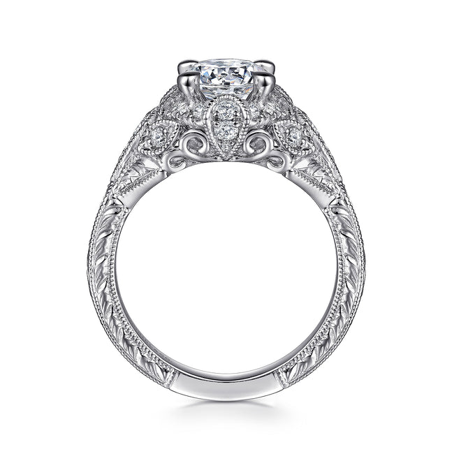 Unique 14K White Gold Vintage Inspired Diamond Halo Engagement Ring