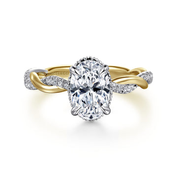 14K Gold Oval Halo Diamond Engagement Ring-White Gold Head and Yellow Gold Shank with White Rhodium