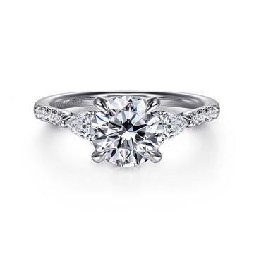 14K White Gold Round Three Stone Lotus Diamond Engagement Ring