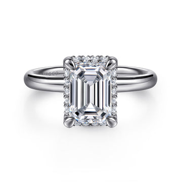 14K White Gold Emerald Cut Hidden Halo Diamond Engagement Ring