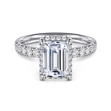 14K White Gold Emerald Cut Hidden Halo Diamond Engagement Ring