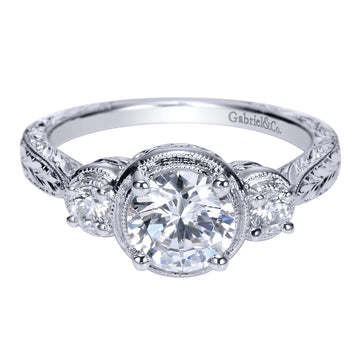 Vintage Inspired 14K White Gold Round Three Stone Diamond Engagement Ring