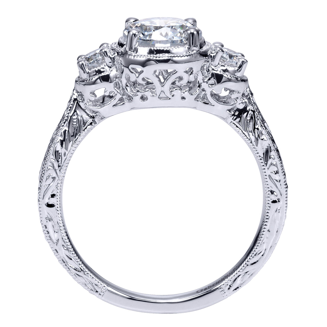 Vintage Inspired 14K White Gold Round Three Stone Diamond Engagement Ring