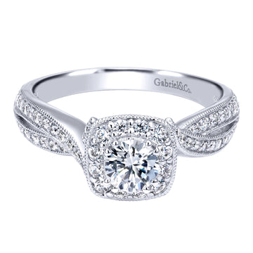 Vintage Inspired 14K White Gold Round Halo Complete Diamond Engagement Ring
