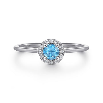 14K White Gold Blue Topaz and Diamond Halo Promise Ring