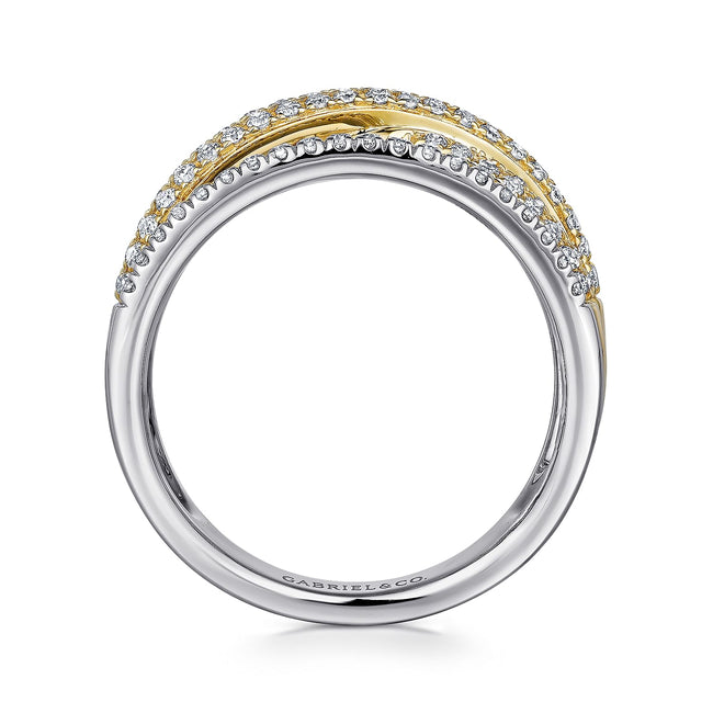 14K Yellow and White Gold Criss Crossing Multi Row Diamond Ring