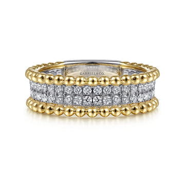 14K White-Yellow Gold Three Row Diamond and Bujukan Bead Ring