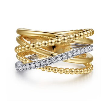 Wide Band Criss Cross Ring 14K White and Yellow Gold Diamond 0.25ct Bujukan