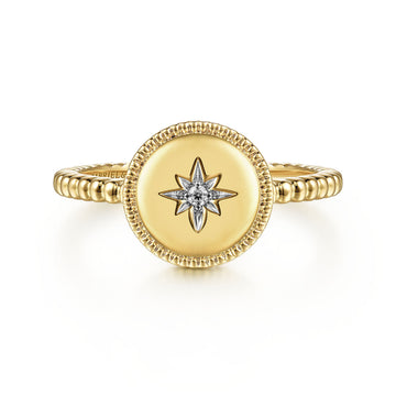 14K Yellow Gold Round Diamond Star Bujukan Signet Ring