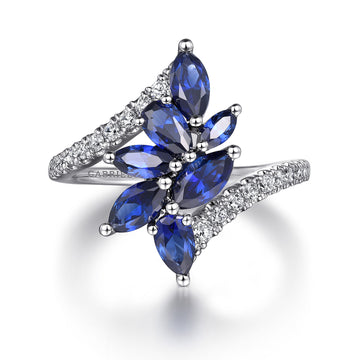 14K White Gold Diamond and Blue Sapphire Marquise Bypass Ring