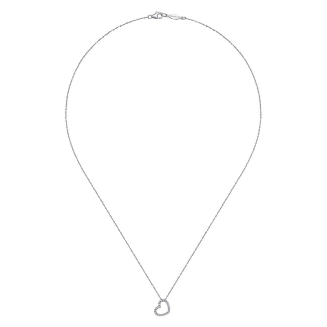 14K White Gold Pavé Diamond Sidways Open Heart Pendant Necklace