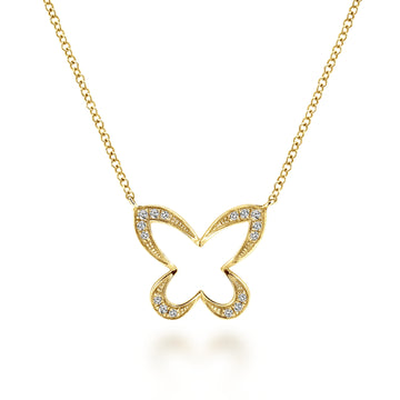 18 inch 14K Yellow Gold Open Diamond Butterfly Pendant Necklace