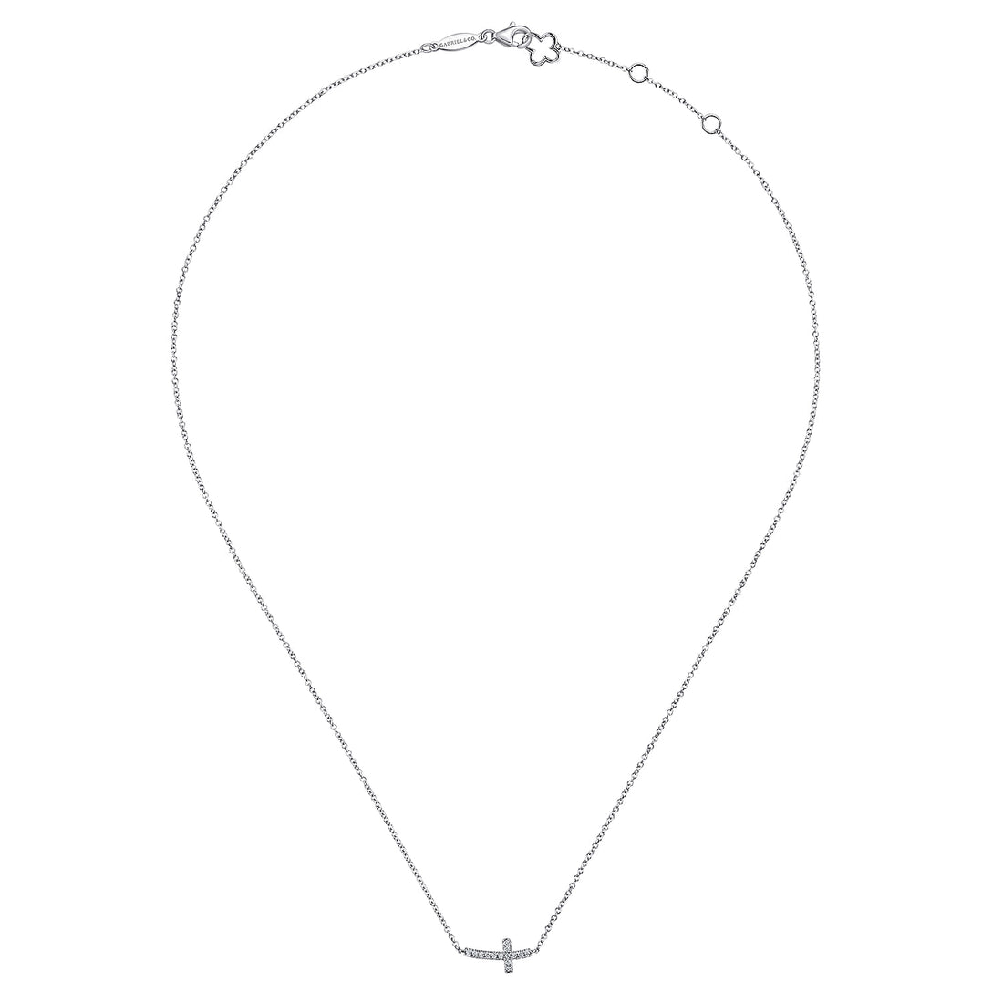 14K White Gold Sideways Curved Diamond Cross Necklace