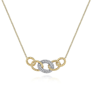 14K Yellow-White Gold Twisted Rope Link Necklace with Pavé Diamond Link Station